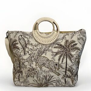 American & Beyond Embroidered Safari Tote Bag - Jungle Print - Woven Handles NWT